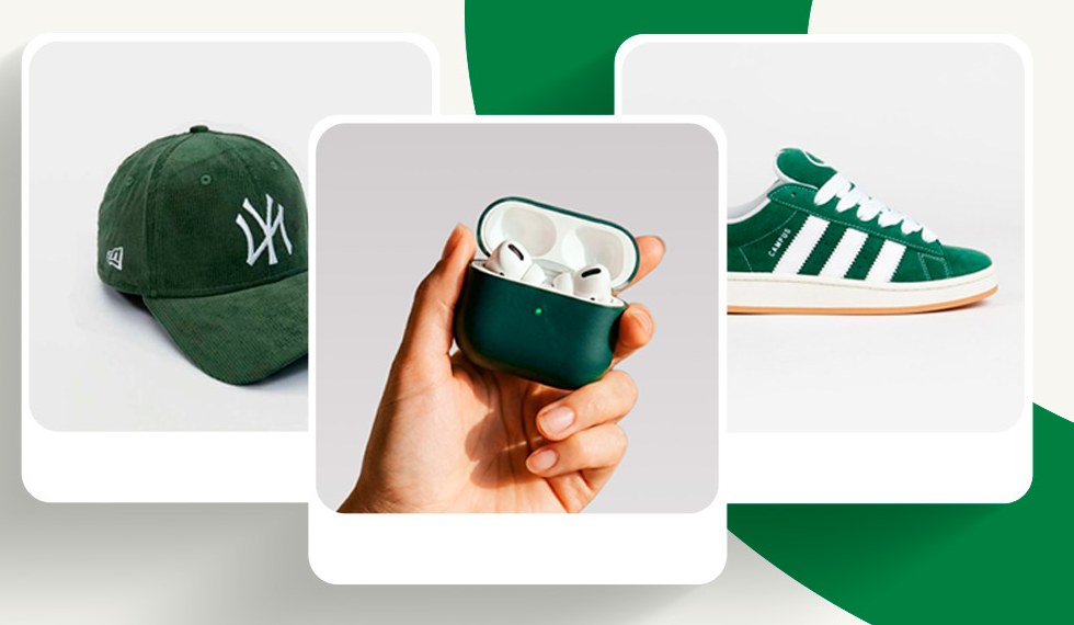 Three item photos, a green cap, earbuds in a hand and a green sneaker, laid out as listing cards